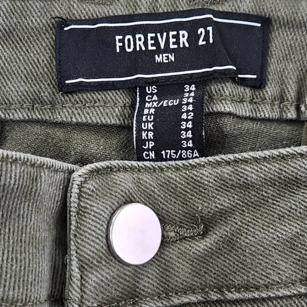 Forever 21 Men Cargo Pants 34x30 Army Green Straight Leg 8 Pockets Well Made EUC